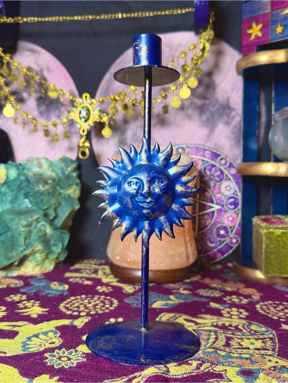 Vintage Sun Blue & Gold Taper Candle Holder